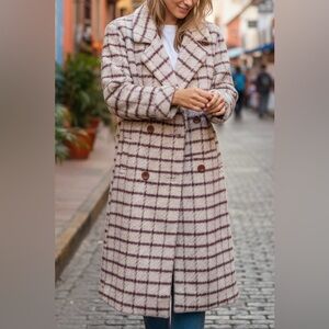 ALORNA Brushed Wool-Blend Double Breasted Plaid Long Overcoat Vintage